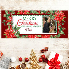 Christmas Banners Personalized Photo Banner Merry Christmas Sign Floral Xmas Party Banner Christmas Wall Party Vinyl Decor Banner GraphixPlace