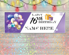 16th Birthday Banner, Personalized 16th Birthday Sign Purple Balloon Background Decor, Sweet 16th Birthday Party Decoration Banner multiple Sizes GraphixPlace
