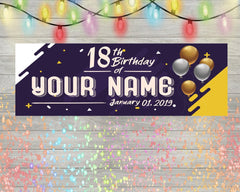 18th Birthday Banner, Personalized Sign, Purple Gold Silver Balloon, Custom Name Adult Birthday Sign Happy 18th Birthday Party Decor multiple Sizes GraphixPlace