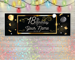 18th Birthday Banner, Personalized 18th Birthday Decor Party Banner, Happy 18th Gold Black Background, Happy Birthday Sign, Multiple Sizes GraphixPlace