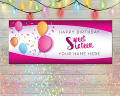 16th Birthday Banner, Happy Sweet 16 Birthday Name Banner, Personalized Sign, Pink Gold Balloon Party Decoration Sign Backdrop multiple Sizes GraphixPlace
