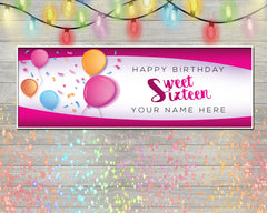 16th Birthday Banner Custom Name,16th Birthday Sign Pink Balloon Background Party Decor Sign, Sweet 16th Birthday Party Banner GraphixPlace