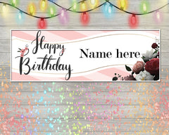 Happy Birthday Banner, Personalized Name Banner Floral Red Background Decoration Happy Birthday Sign, Birthday Party Banner, Multiple Sizes GraphixPlace