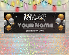 18th Birthday Banner, Happy 18th Birthday, Personalized Birthday Sign, Custom Name Black Gold Balloon Party Decoration Vinyl Multiple Sizes GraphixPlace